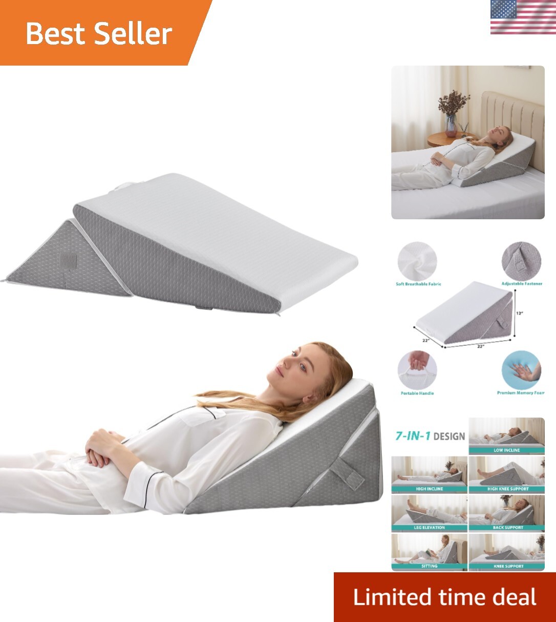 Adjustable 9/12 Inch Memory Foam Wedge Pillow Set for Post-Surgery Support