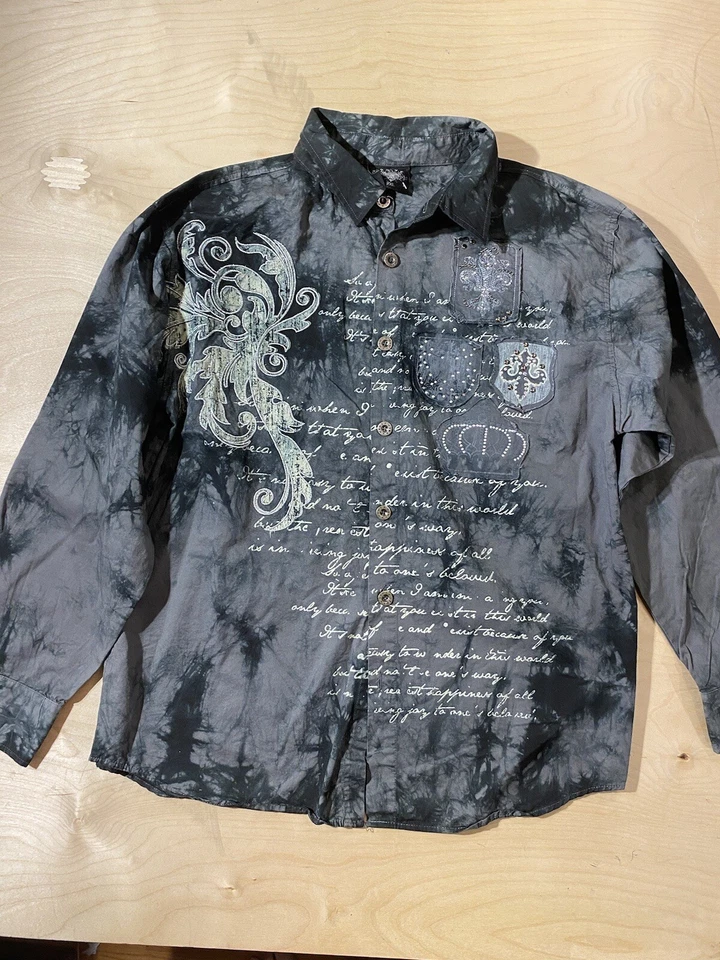 Camisa de vestir con botones Hama Y2K negra tie dye adornada estampado cursivo 2XL (JH) Foto 2 de 4