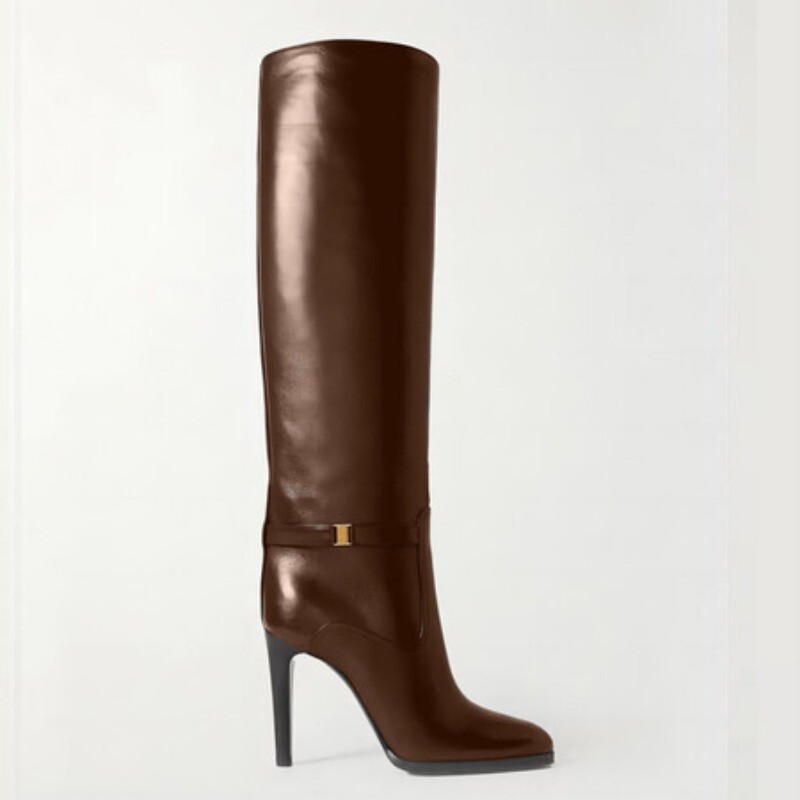 Winter Womens Pointy Toe Boots High Heels Cowhide Leather Velvet Knee High Boots