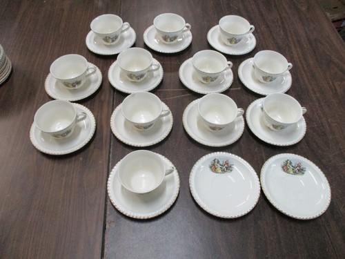 Harker Godey Cup Saucer Courting Couple  22 Karat Gold  12 Cups, 14 Saucers