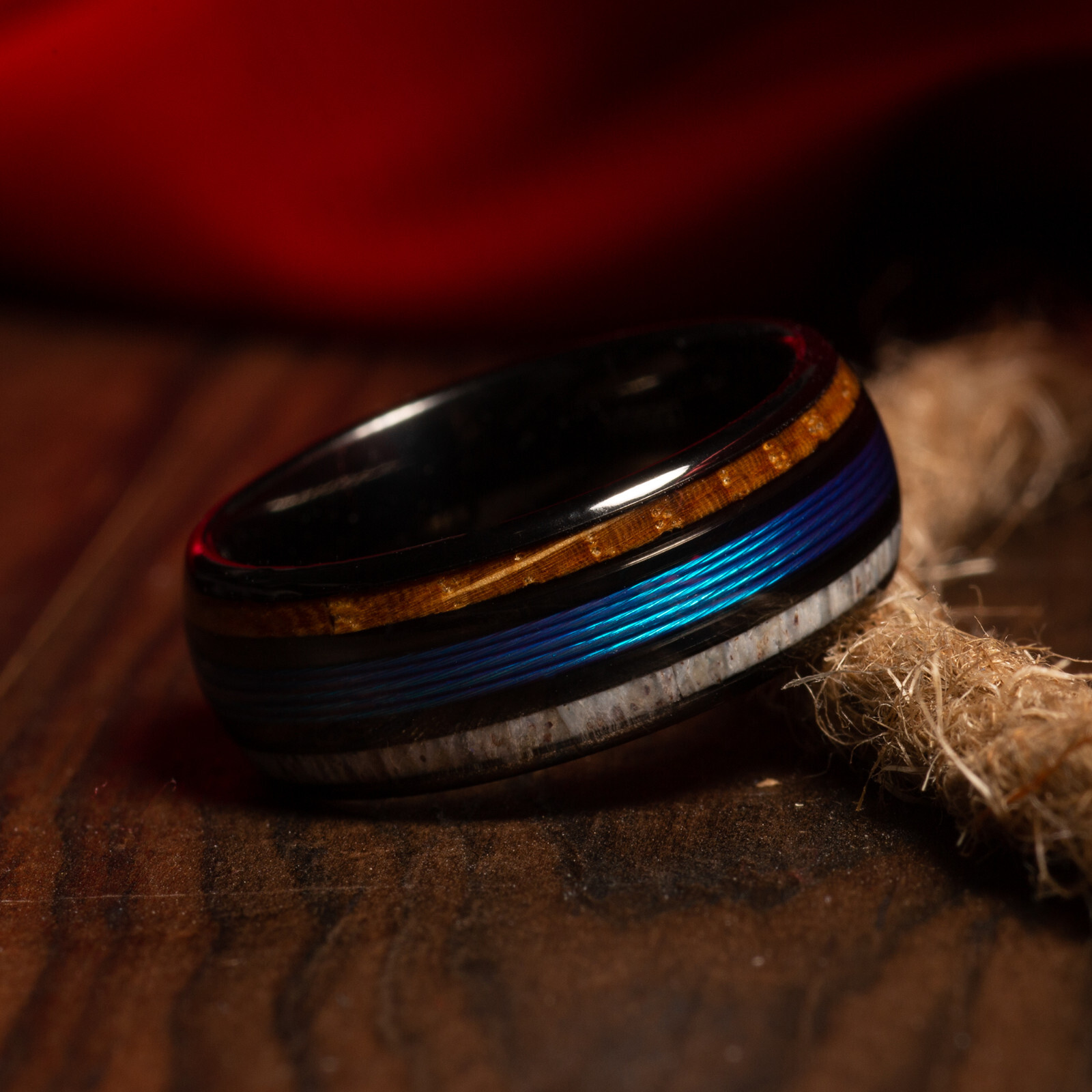 Deer Antler, Whiskey Barrel & Fishing Line Mens Wedding Band