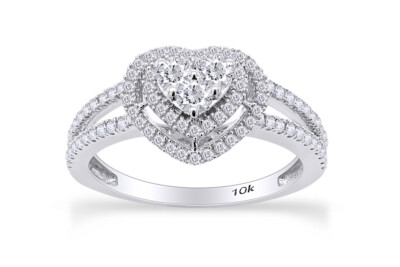1/2ct Natural Round Diamond Heart Frame Engagement Ring 10K Solid White Gold