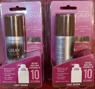 2 Pack EverPro Gray Away Temporary Root Concealer Spray Light Brown. New In Box