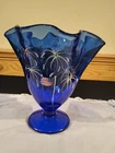 Fenton QVC Cobalt Blue HP Fireworks Patriotic Swung Vase American Flag Signed