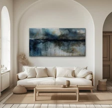 Large Abstract Canvas Painting, Blue Textured wall art, Framed, Signed