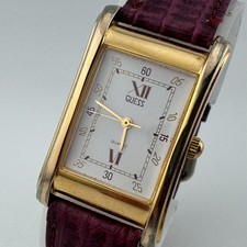 Vintage Guess Quartz Watch Men Gold Tone Leather Curved Rectangle New Battery