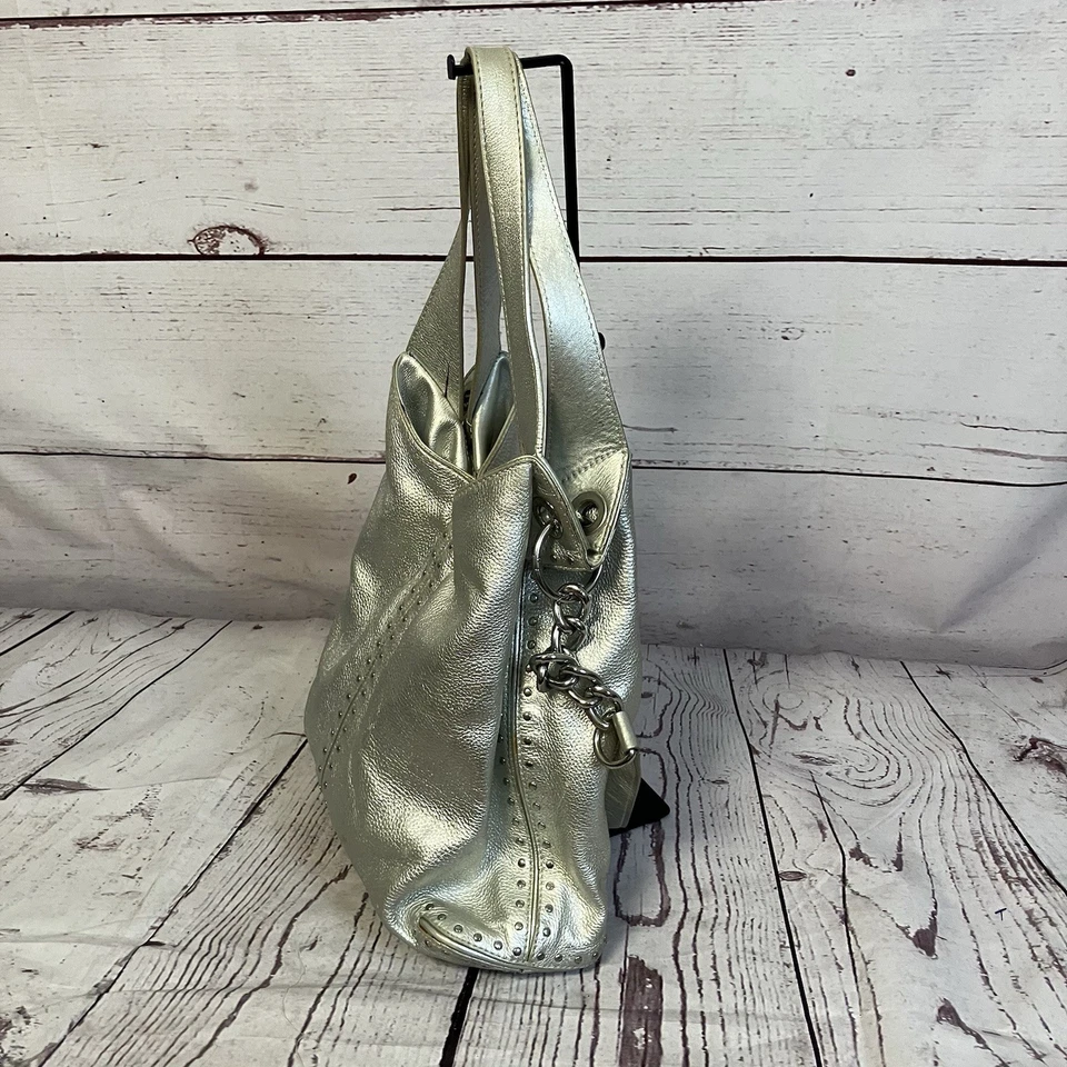 Michael Kors Bolso Cuero Granulado Genuino Estaño Plata Clavo Cabeza Ribete Foto 3 de 4