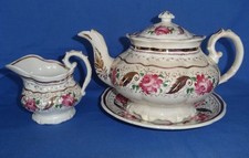 Victorian Staffordshire tea pot : Pink Roses c1840