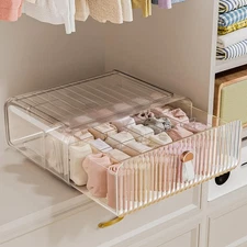 Sock Underwear Drawer Organizer - 24 Compartment Clear Acrylic Storage Bins w...