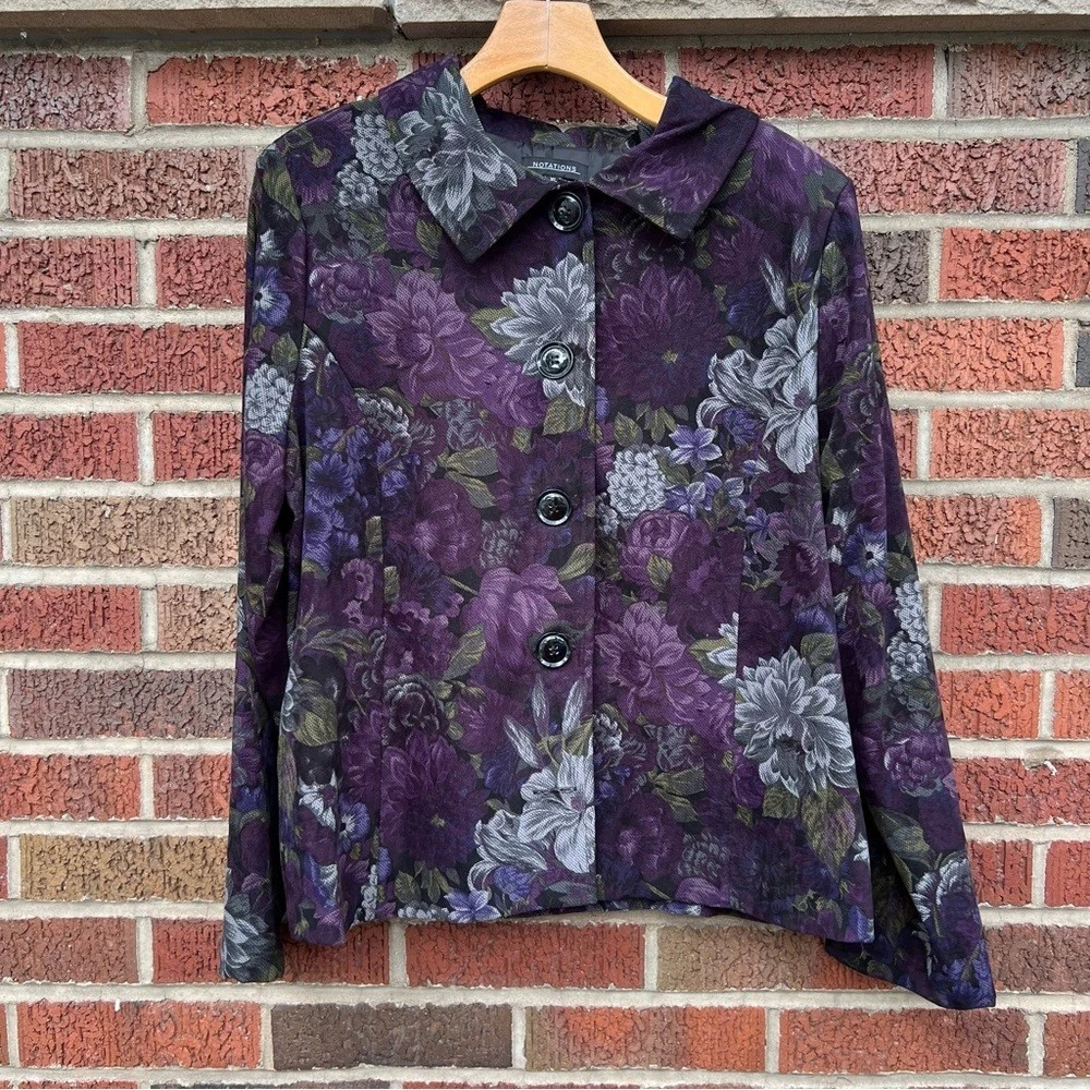 Notations Purple and Gray Floral Print Button Down Collared Jacket