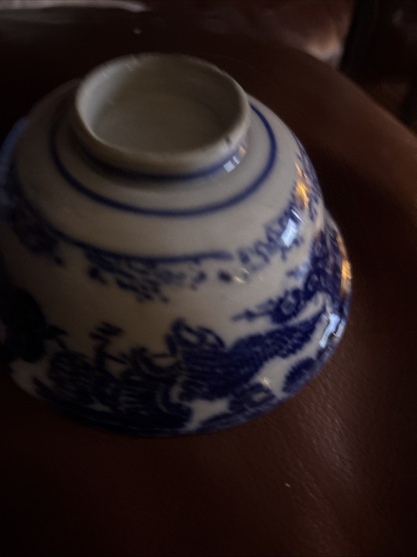 Antique Chinese BLUE & WHITE PORCELAIN RICE TEA BOWL - RAVEN BIRD