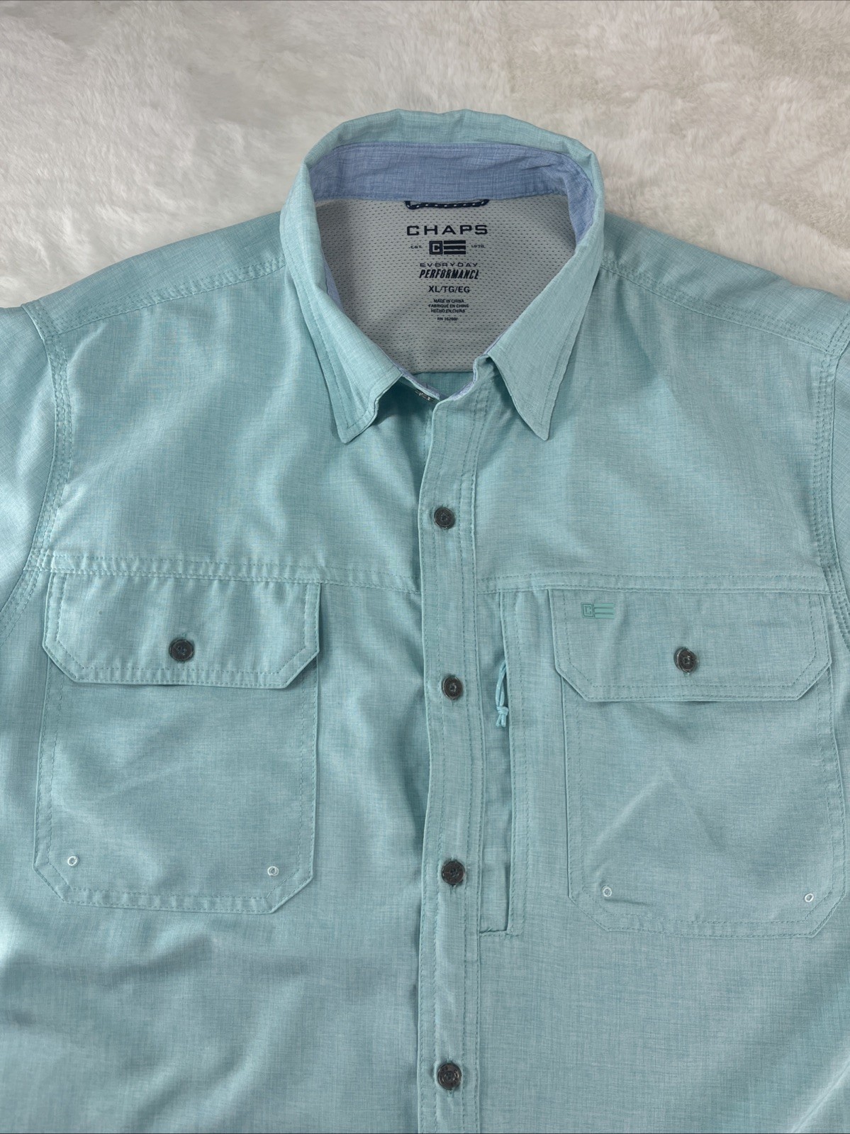 NWOT CHAPS Everyday Performance Mens Blue Sz XL Short Sleeve Button Up