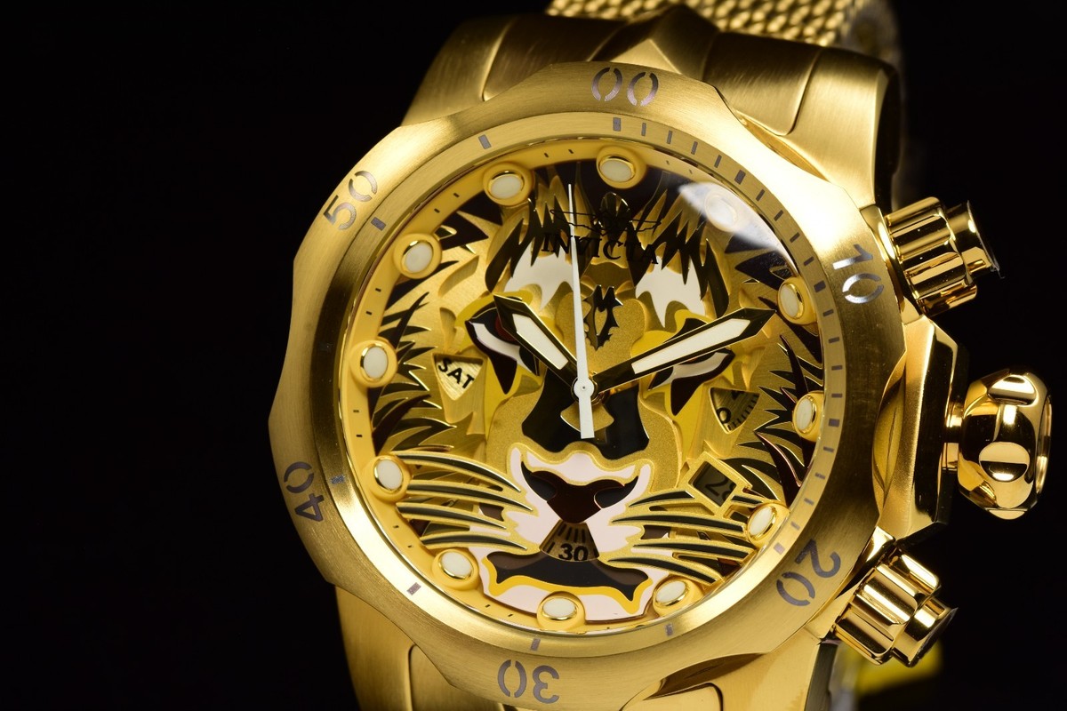 【動作確認済み】GAME & WATCH GOLD LION (アラーム付) Invicta Men Venom LION HEART Golden Predator Chrono Gold Tone Mesh