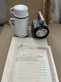 VINTAGE BRITISH RAILWAY BILLY CAN BARDIC LAMP & RETIREMENT CERTIFICATE