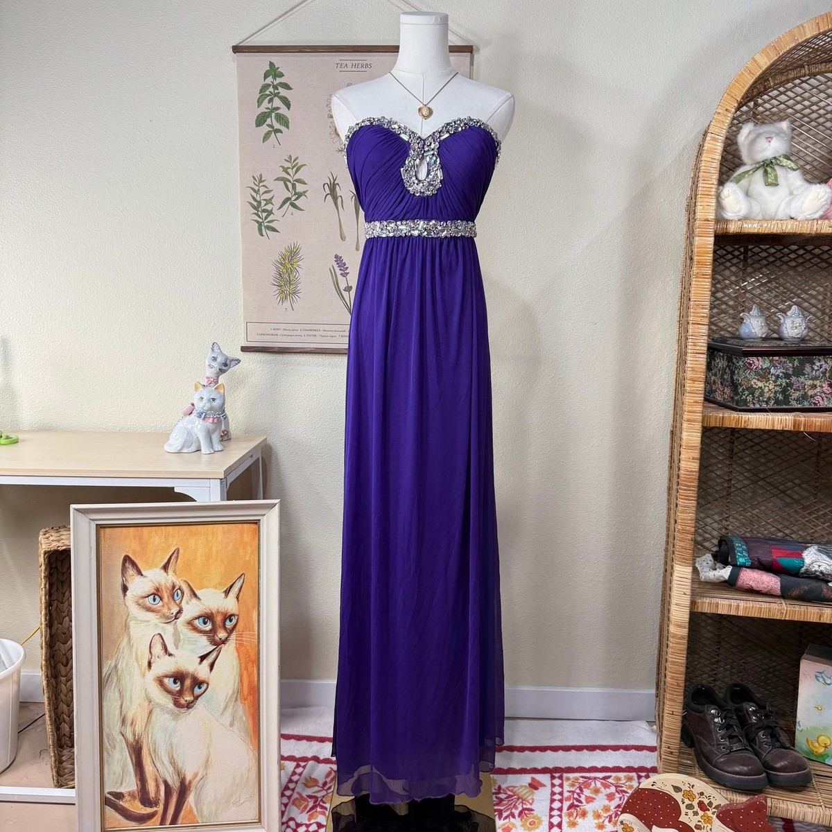 Y2K Purple Beaded Mesh Strapless Formal Maxi Dress Whimsy Fairy Hoco Prom M  7 | eBay