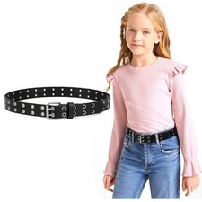 Kids Double Grommet Belt for Girls and Boys, PU Leather Kids Double Studded Hole