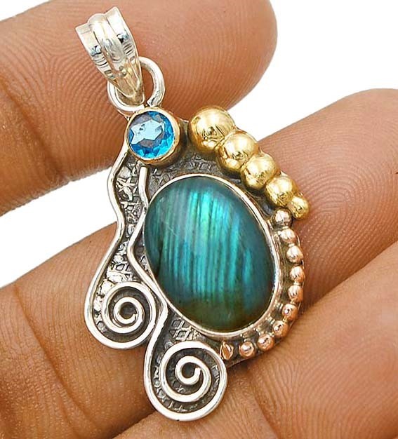 Three Tone Natural Blue Fire Labradorite 925 Sterling Silver Pendant