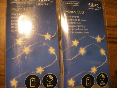 2 SETS of LUMINEO Battery-Operated Star LED White Lights on String w/Timer