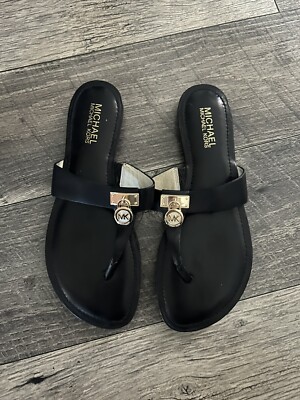 8M Michael Kors Thong Sandals Black Logo Lock