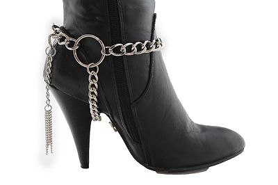 Women Silver Metal Chain Boot Bracelet Western Shoe Charm Jewelry Fringes Ring