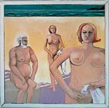 Surreal Expressionist Oil Painting Beach Scene 3 Nudes Sunbathing Signed 21x21