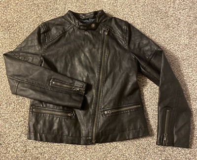 Gap Kids Unisex faux leather black moto jacket Asymmetric Zip Sz L