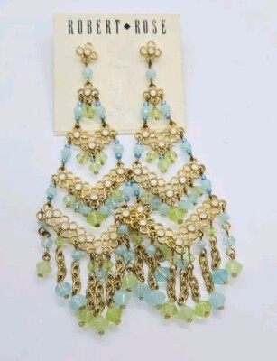 Chandelier pierced Earrings Robert Rose Dangle Blue Green Gold tone 4.5'' Pastel