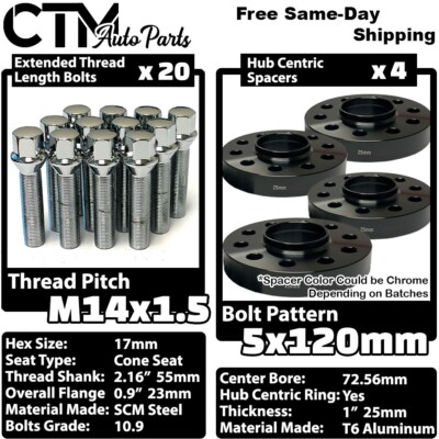 4x 25mm Thick 5x120 72.56mm C.B Wheel Spacer Chrome Bolt 14x1.5 BMW X3 X5 & More
