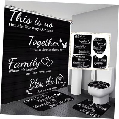  Family Shower Curtain Set Home Bathroom Set with Shower Curtain and Rugs Black