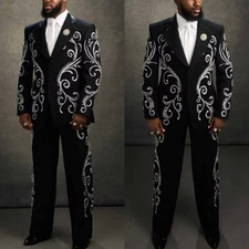 Silver Embroidery Men's Suit Luxury Black Jacket Pants Prom Party Paisley 2Pcs