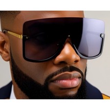 Big Large Sunglasses Men Dark Black Frame Gold Temples Flat Top UV400 Hip Hop