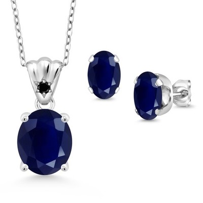 925 Sterling Silver Sapphire and Black Diamond Pendant and Earrings Jewelry Set