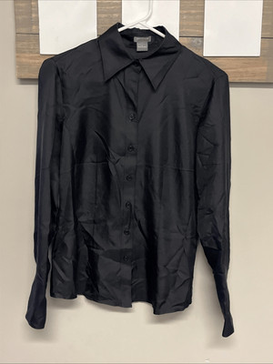 Ann Taylor Black Long Sleeve Button Down Shiny Silk Blouse Size 4