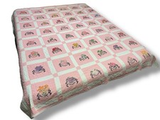 Vtg 48 US State Flower Quilt Embroidered Pink Checkered 73x80  Hand Sewn