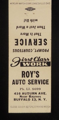 1950s Roy's Auto Service 416 Auburn Ave. Punch Card Buffalo NY Erie Co Matchbook