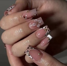 Safe Press on Nail French Design Nudes Pink Leopard Print 3D Flowers Desige Comf
