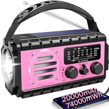 74000mWh Emergency Radio with NOAA Weather, Portable Hand Crank 20000mAh Pink
