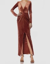 Jewel Badgley Mischka Women's Orange Bonny Long Sleeve Velvet Plunge Dress Sz 8