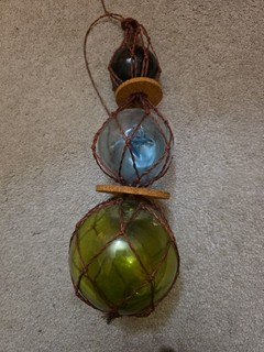 Vintage 1960s Japanese Glass Fishing Float Ornament Set 3 Netted Hanging Souve