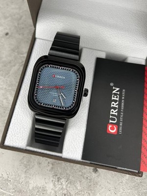 CURREN Men Black Quartz Watch Blue Dial Metal Band Date 3ATM