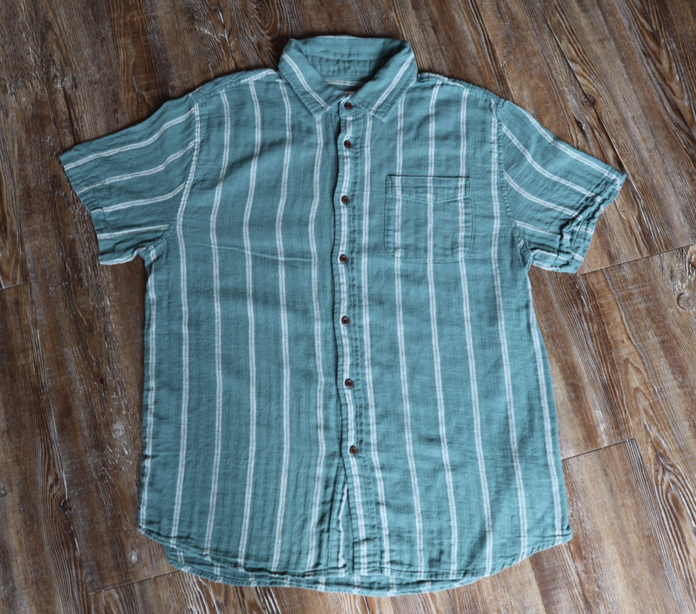 Katin Alan Mens L Blue Green Stripe Cotton Linen Short Sleeve Button Up Shirt