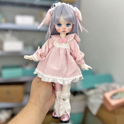 Cute 1/6 BJD Doll w/ Face Makeup Blue Eyes Soft Wig Adorable Pink Dress Clothes