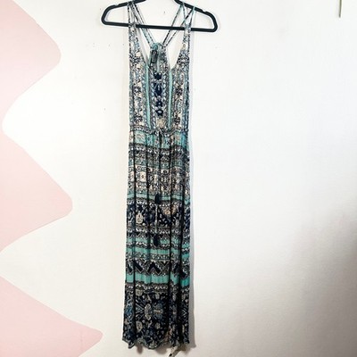 Angie Maxi Dress Women's Small Teal Blue Boho Paisley Print Strappy Racerback
