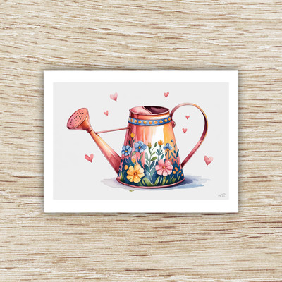 Colorful Floral Watering Can with Hearts Blank Note Cards, 10-Pack 4x6 Inch