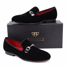 Handmade FERUCCI Men Black Velvet Slippers loafers with Gold Horsebit 