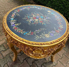 Center Table Italian Rococo Gold Leaf Baroque Style w/ Hand Painted Floral Top