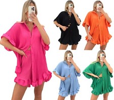 Womens Gold Button Crinkle Pleated Shirt Ladies Shorts Two Piece Co ord Set