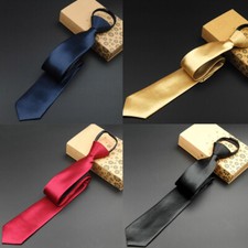 Men Solid Satin 5CM Skinny Zipper Neckties Pre-tied Wedding Party Business Tie