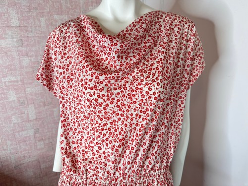 vtg silk knee length small red cherry blossom print stretch waist dress sz M - L - Picture 2 of 11