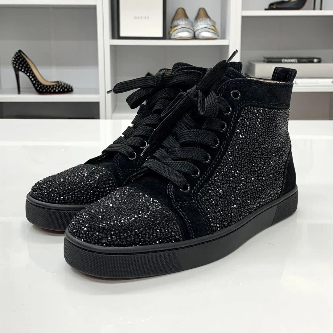 Christian Louboutin Black Suede Swarovski Logo High-top Sneaker EU Size 36